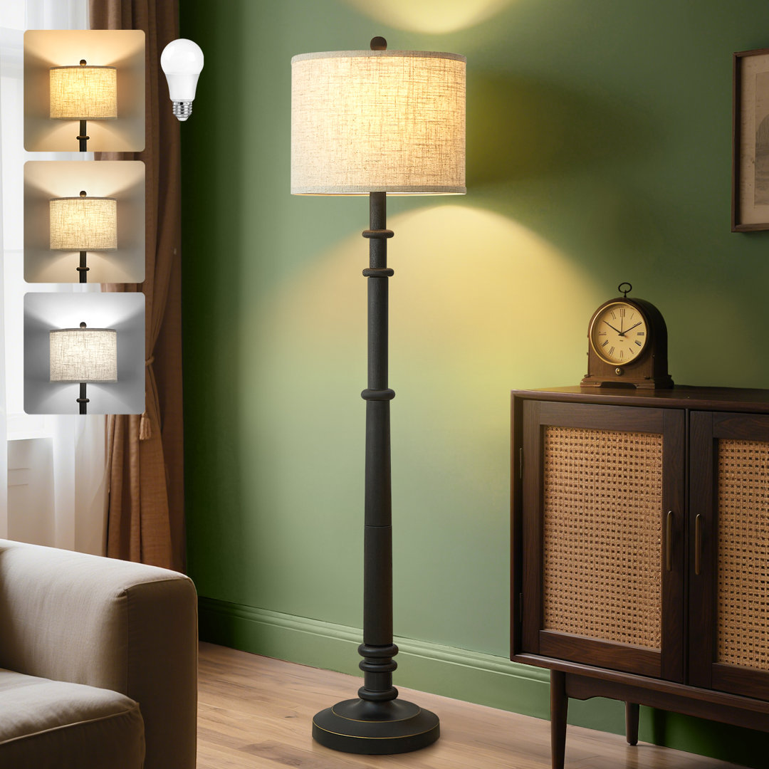 60" Vintage Farmhouse Floor Lamp 3-Way Dimmable Standing Lamps With Linen Shade Rustic Retro Tall Light For Home Decor,Bedroom,Reading,Office